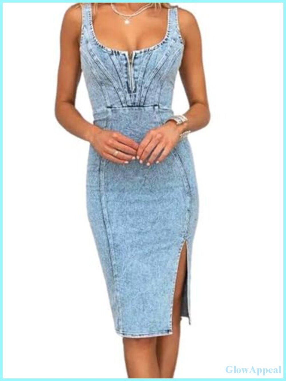 Sleeveless Denim Bodycon Midi Dress Side Slit Sexy Club Night Out